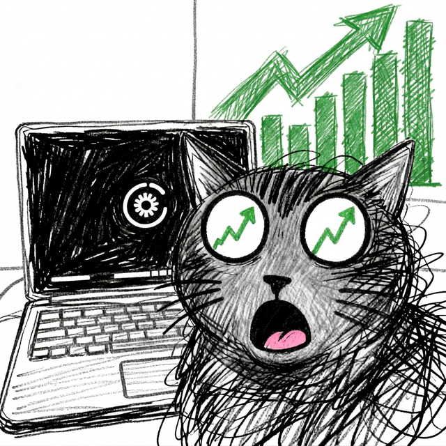 the cat at a laptop that is still loading while the chart goes up